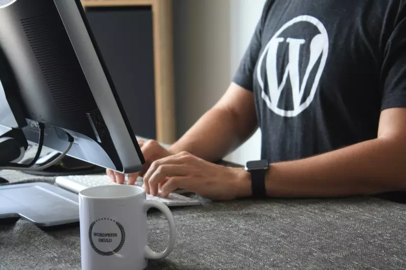 Persona sentada ante un ordenador con una camiseta en la que se ve el logotipo de WordPress en el pecho.